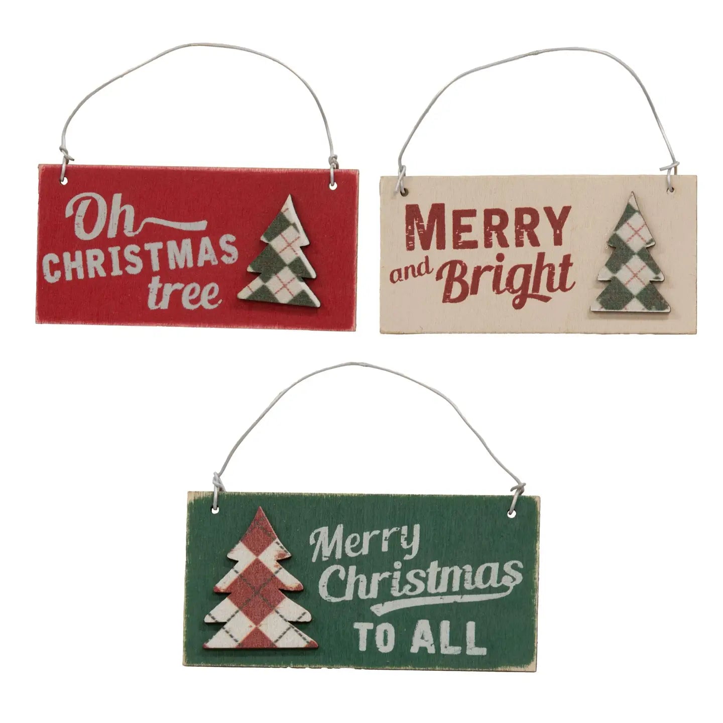 Plaid Christmas Tree word ornaments set of 3