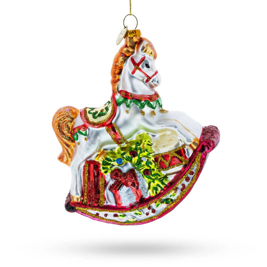 Traditional Rocking Horse with Gifts Glass Christmas Ornament