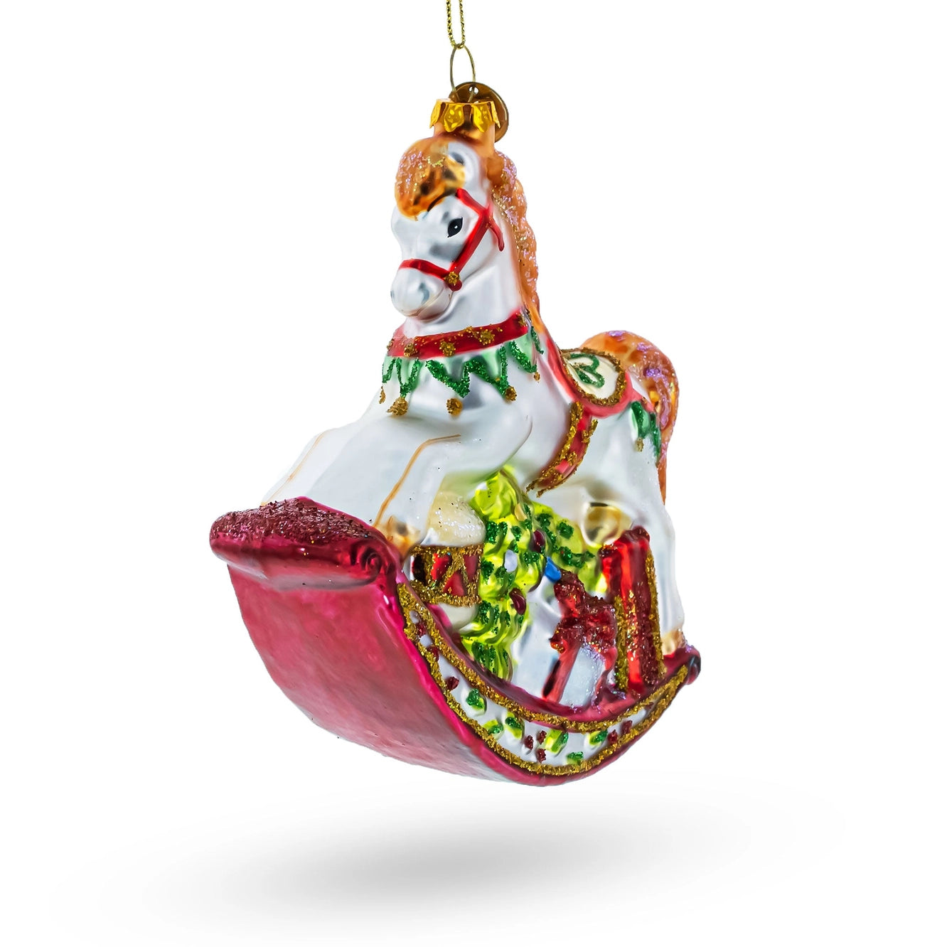 Traditional Rocking Horse with Gifts Glass Christmas Ornament