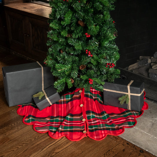 Red Tartan Tree Skirt with Scalloped Edge