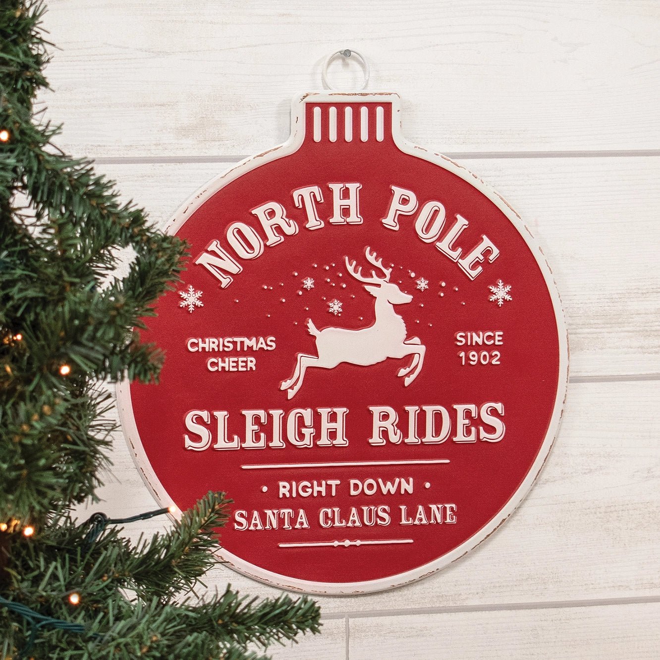 North Pole Sleigh Rides Christmas Bulb Metal Sign