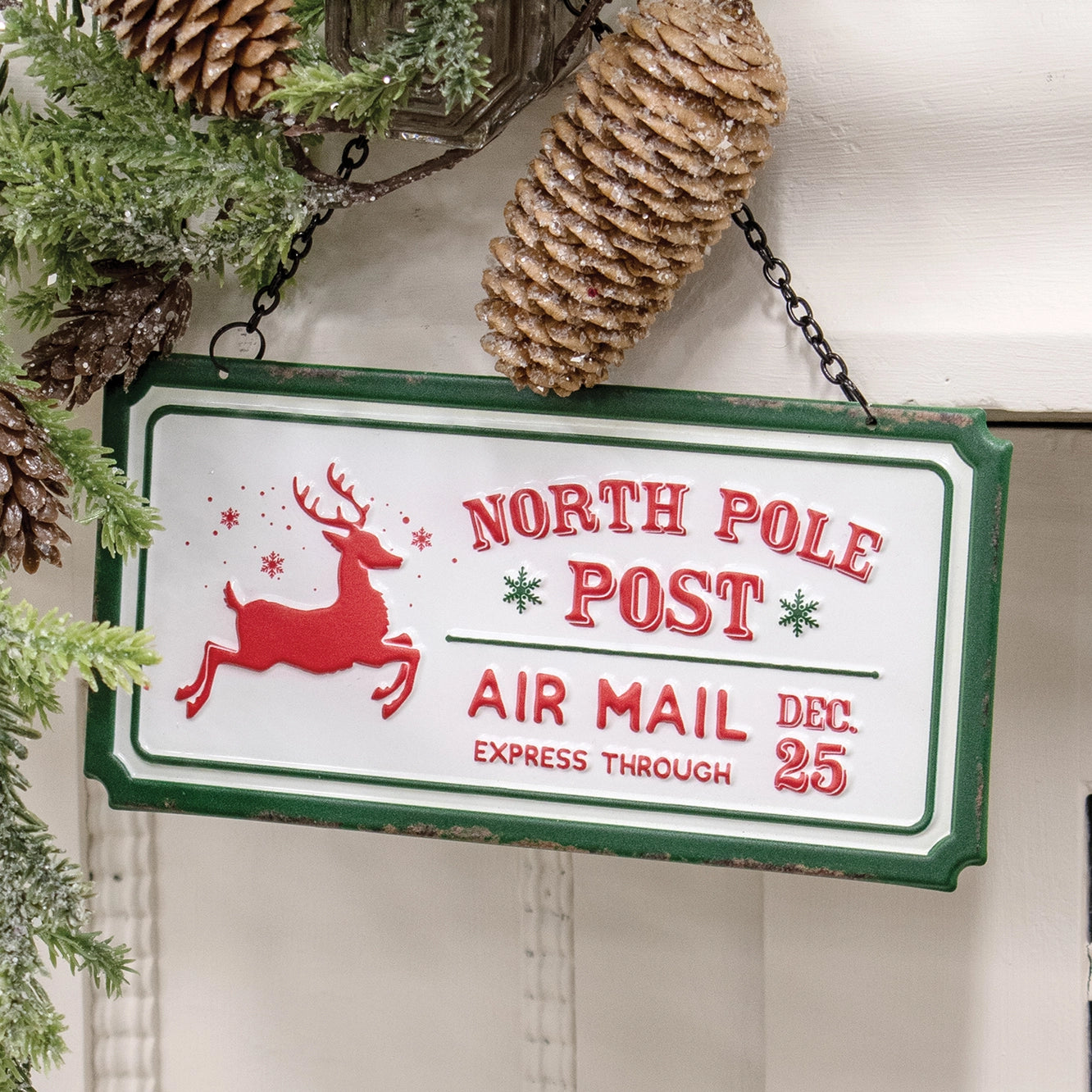 North Pole Post Distressed Hanging Sign