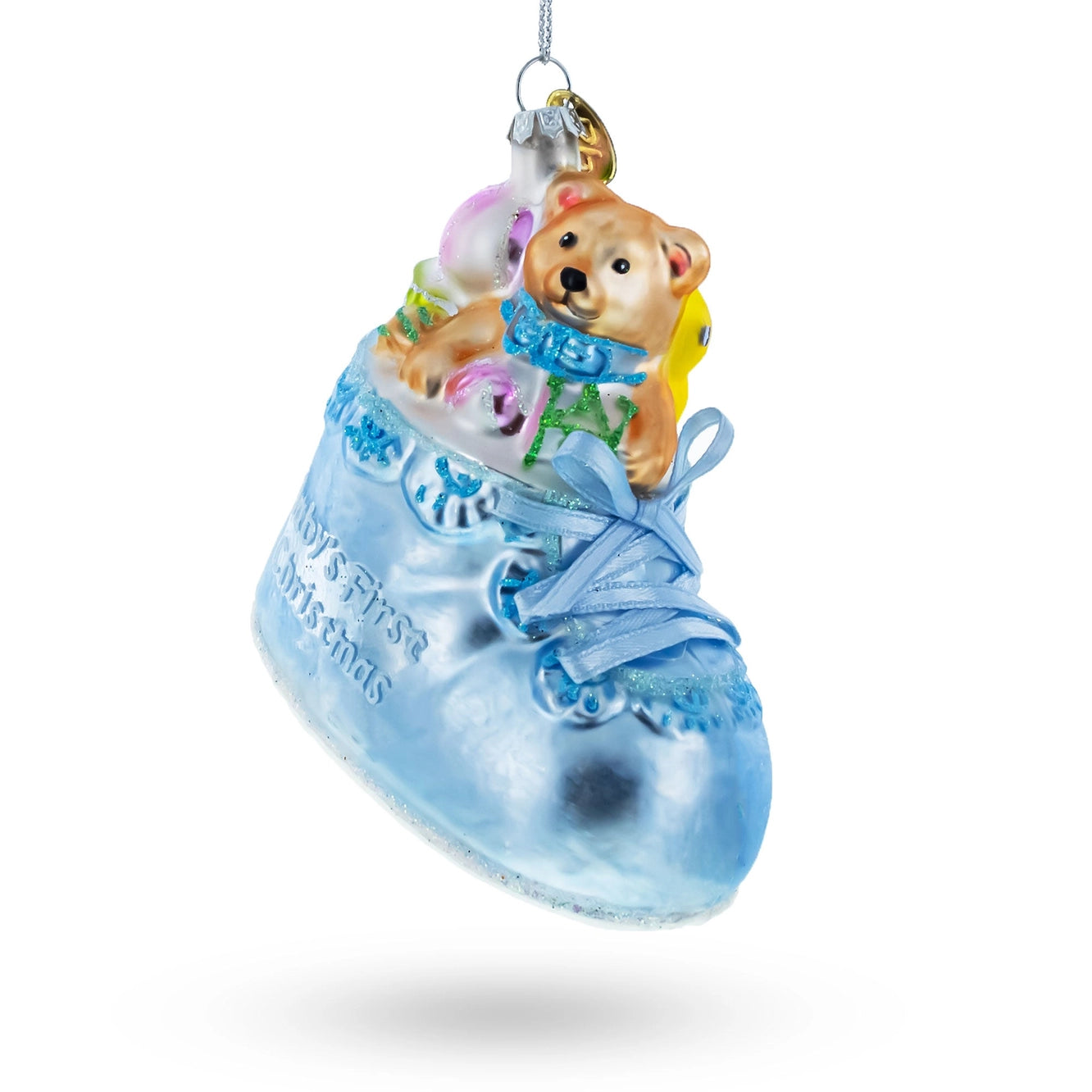 Teddy Bear Blue Baby's First Christmas Glass Ornament