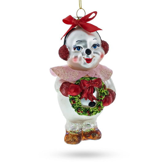 Festive Snow Girl with Wreath Glass Christmas Ornament