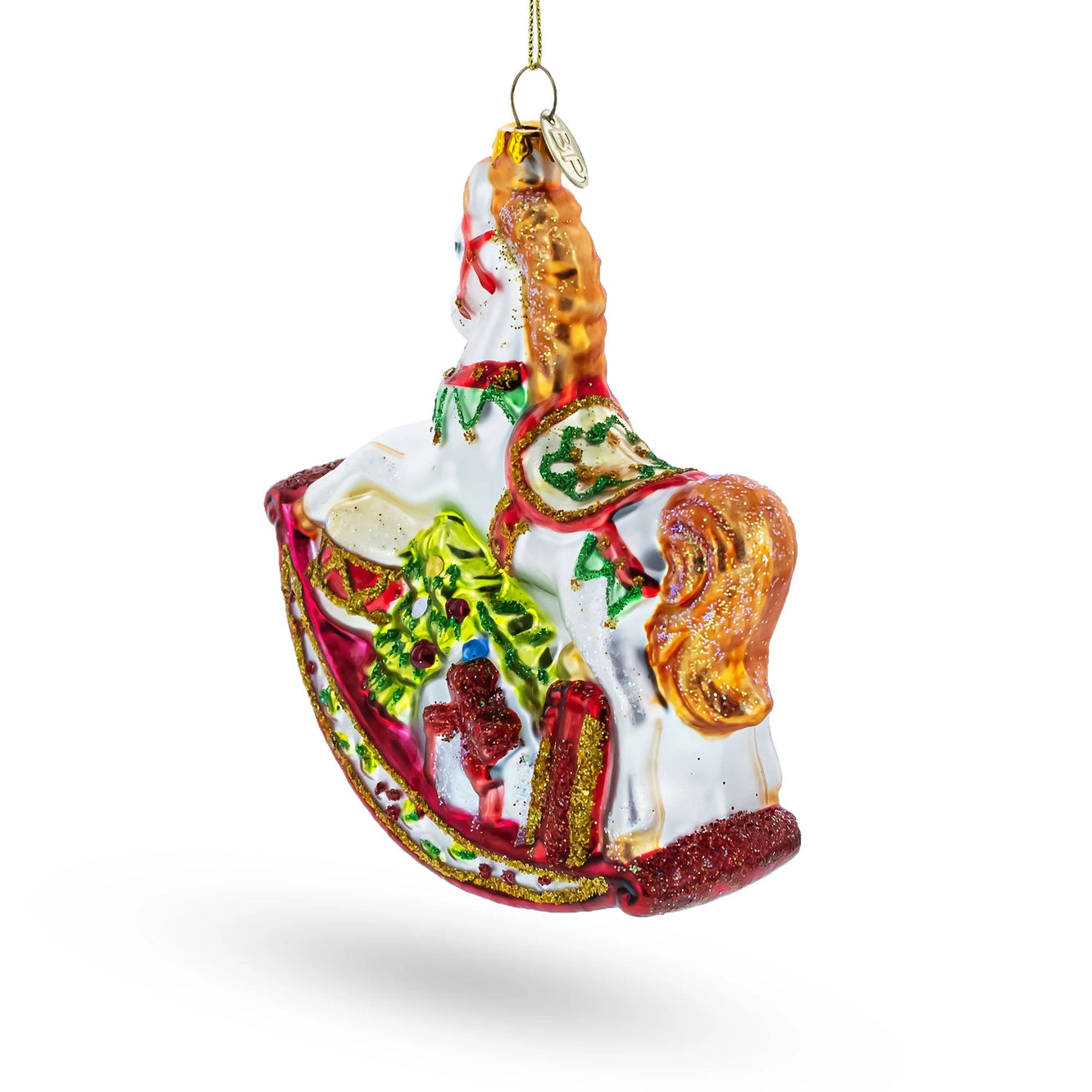 Traditional Rocking Horse with Gifts Glass Christmas Ornament