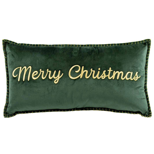 Dark Green Merry Christmas Gold Embroidered Pillow