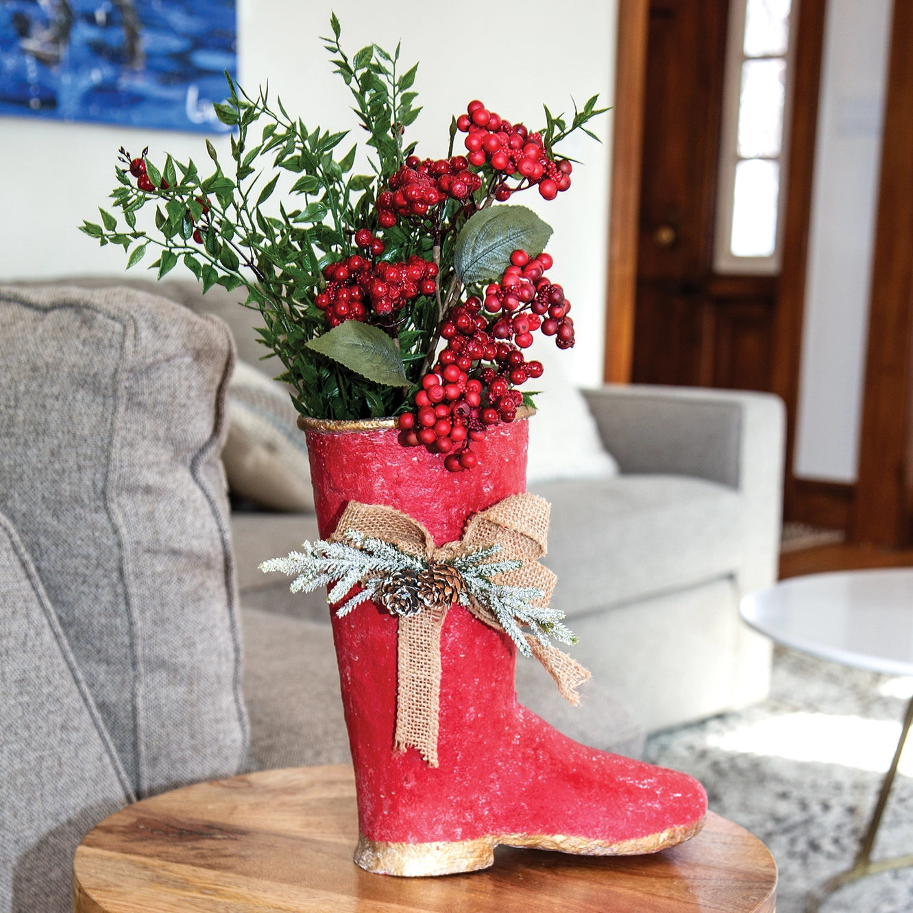 Distressed Red Metal Boot With Burlap Bow & Pine