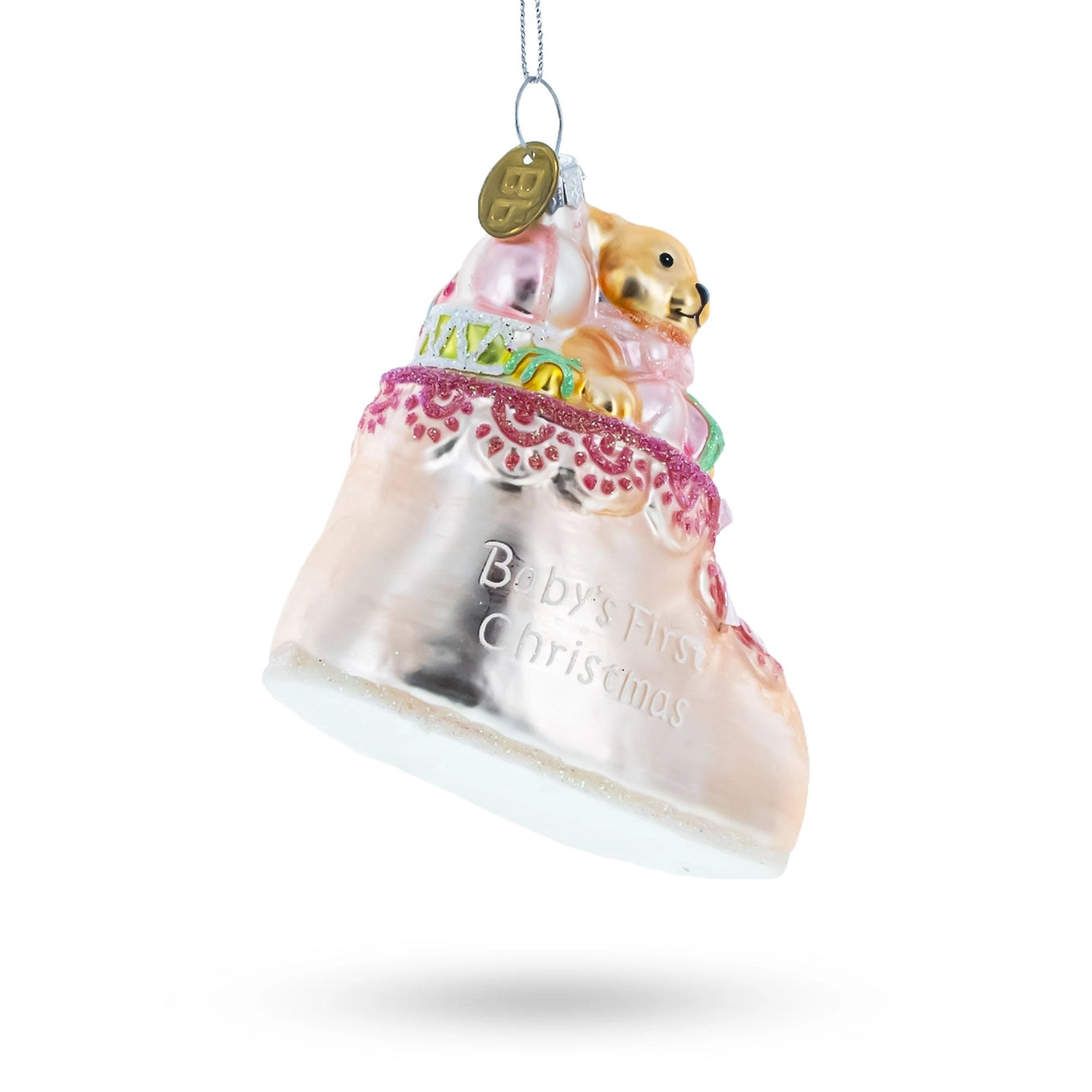 Teddy Bear Pink Boot Baby's First Christmas Glass Ornament