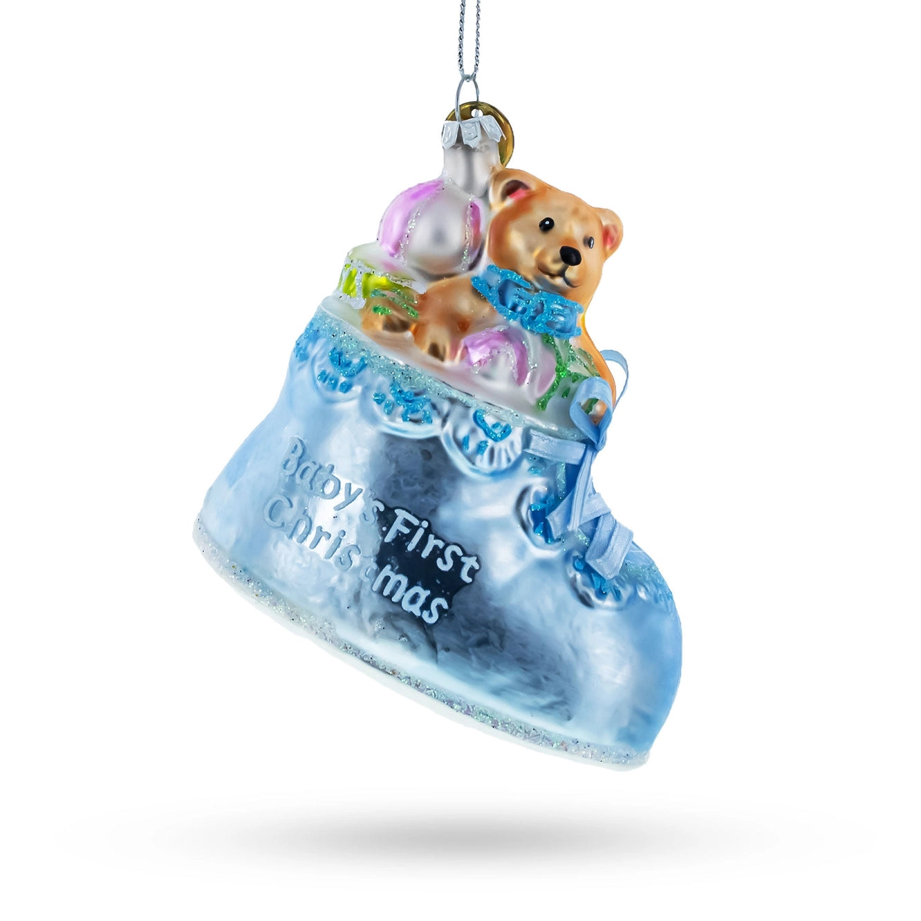 Teddy Bear Blue Baby's First Christmas Glass Ornament