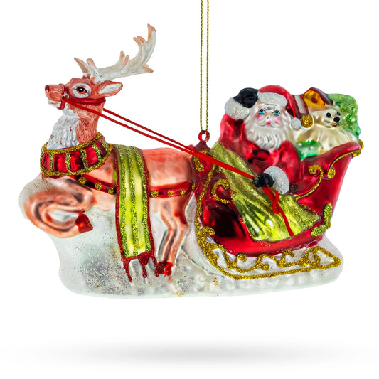 Santa On Festive Sleigh with Reindeer Glass Christmas Ornament