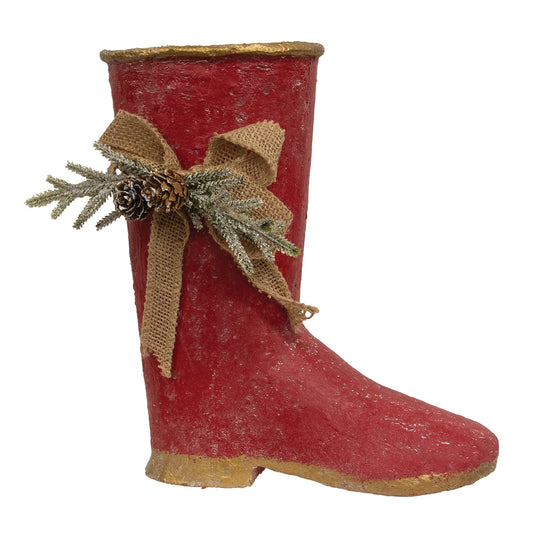 Distressed Red Metal Boot With Burlap Bow & Pine