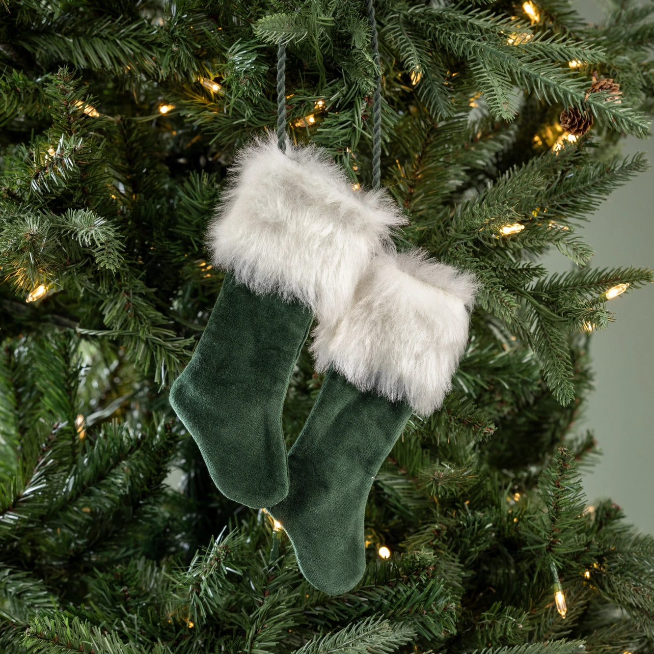 Pair of Green Velvet Stockings Hanging