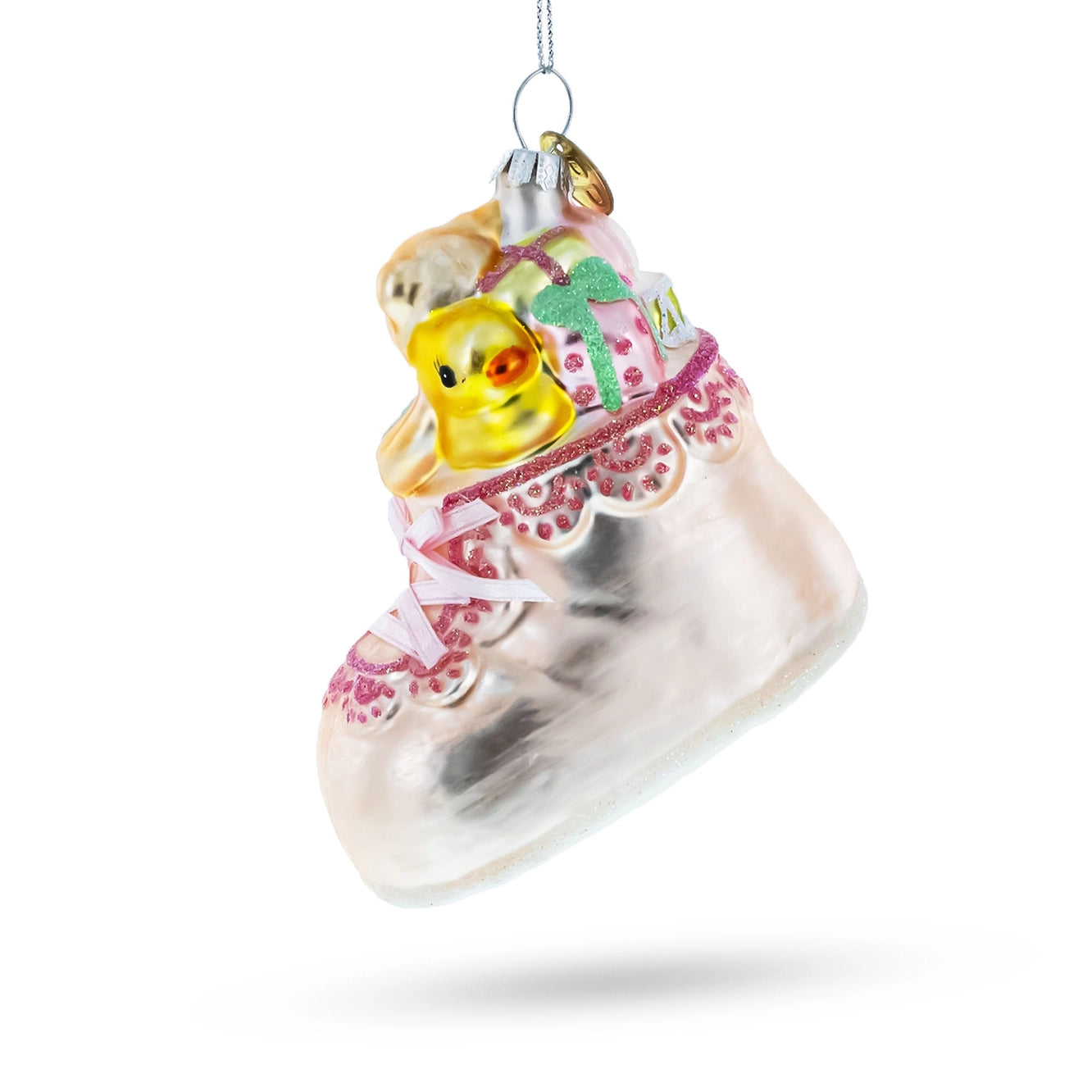 Teddy Bear Pink Boot Baby's First Christmas Glass Ornament