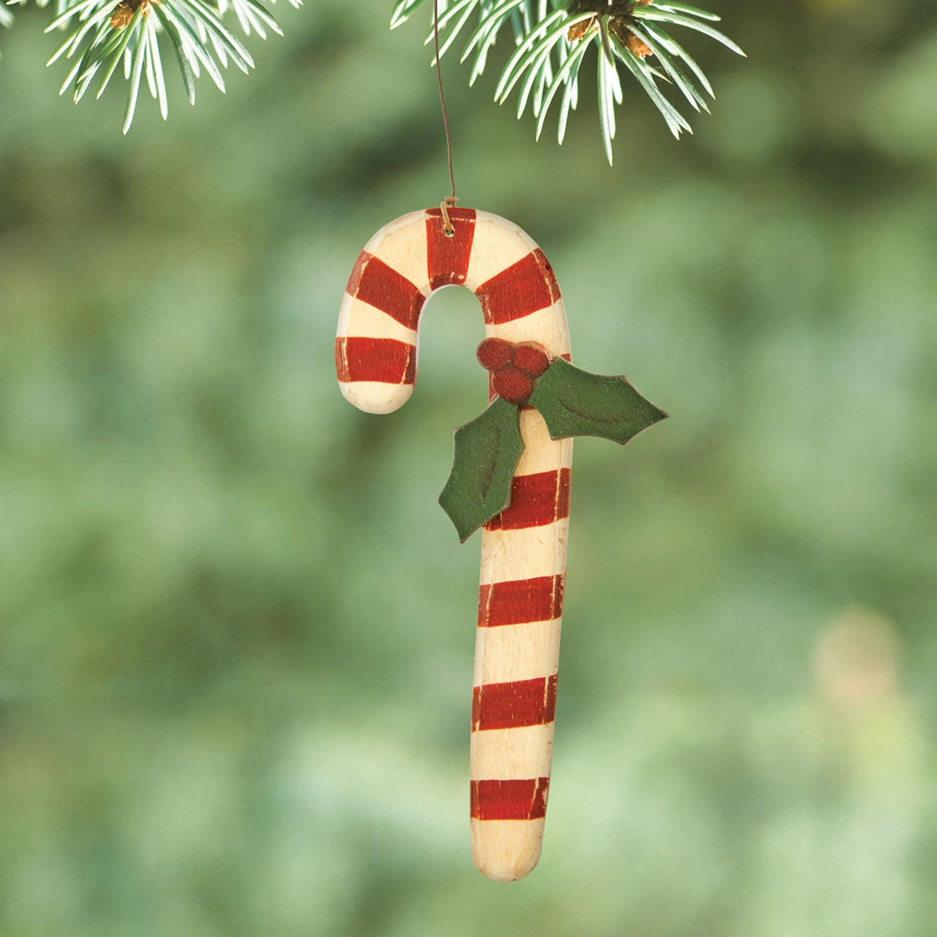 Wooden Candy Cane with Holly Ornament