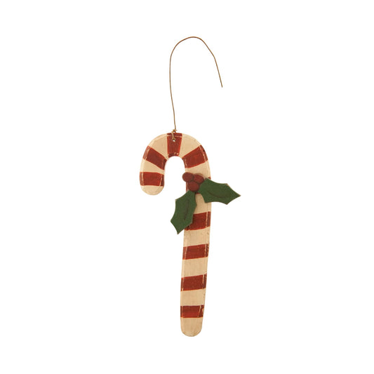 Wooden Candy Cane with Holly Ornament