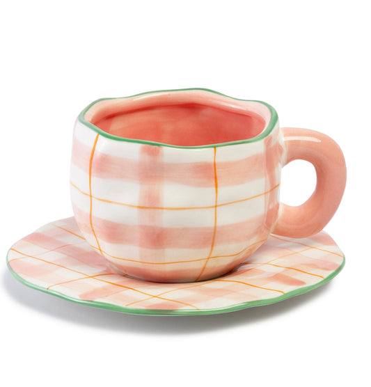 Pink Checkered Mug & Saucer Set