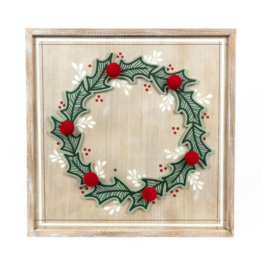 Wooden Holly Wreath Christmas Frame