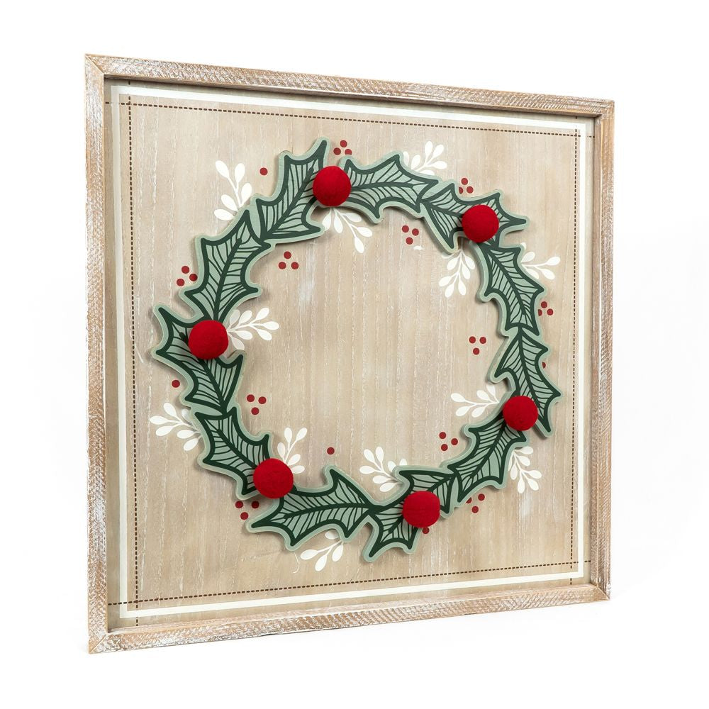 Wooden Holly Wreath Christmas Frame