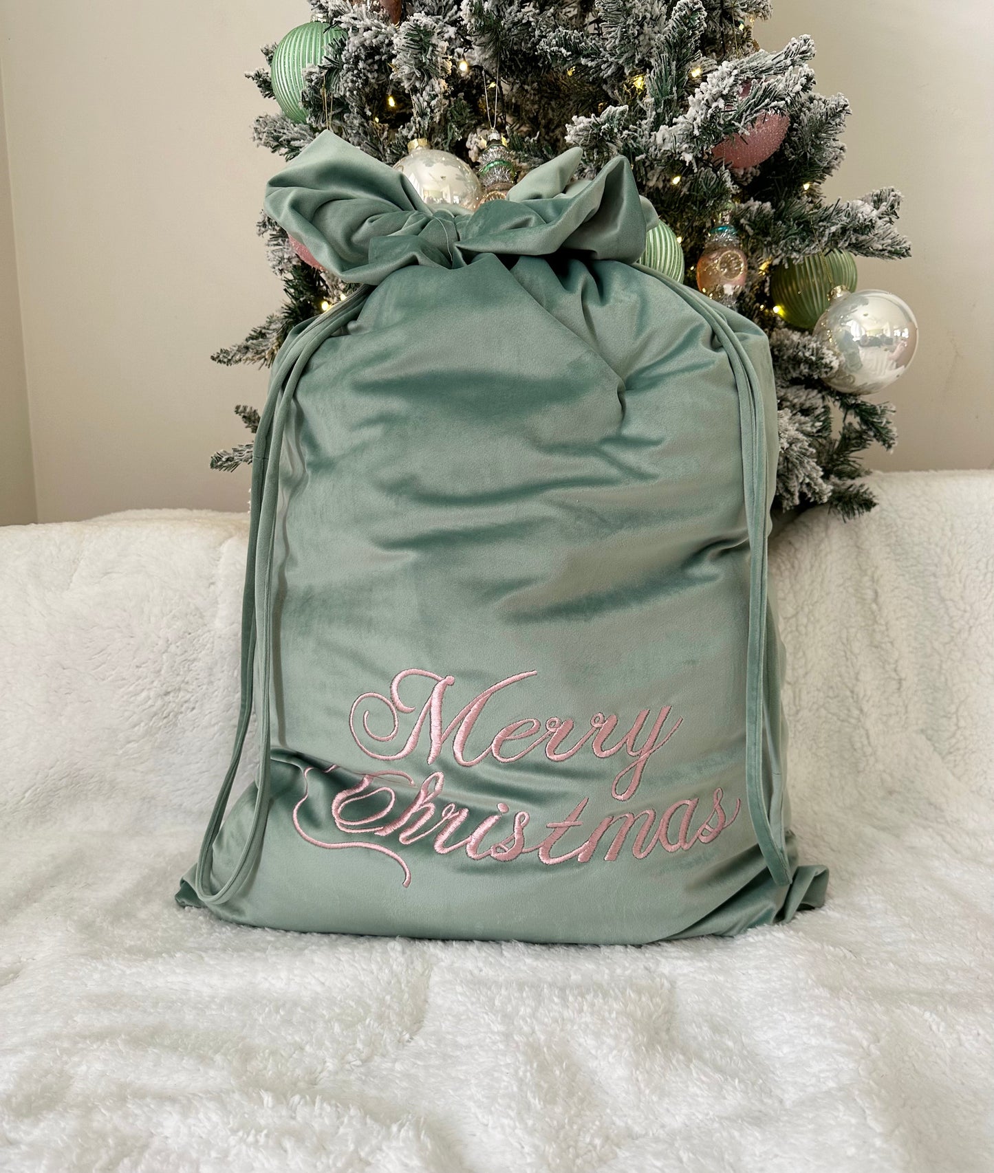 Sage Green “MERRY CHRISTMAS ” Luxury Velvet Santa Sack