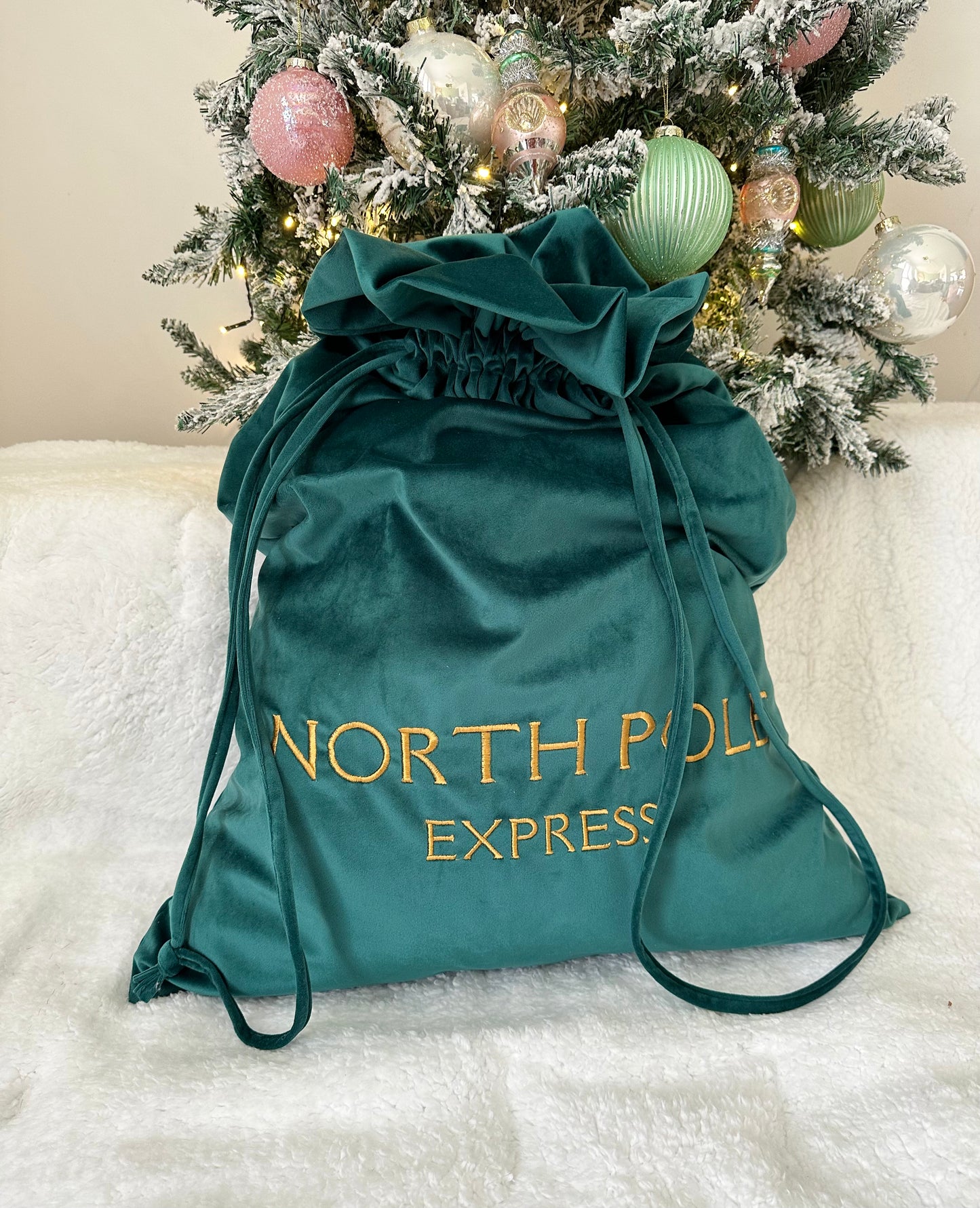 Emerald Green "NORTH POLE EXPRESS" Luxury Velvet Santa Sack