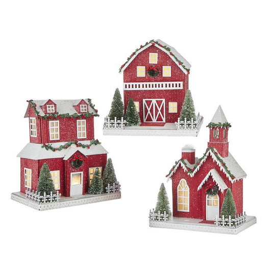 Vintage Farmhouse Red Lit Paper House Assorted