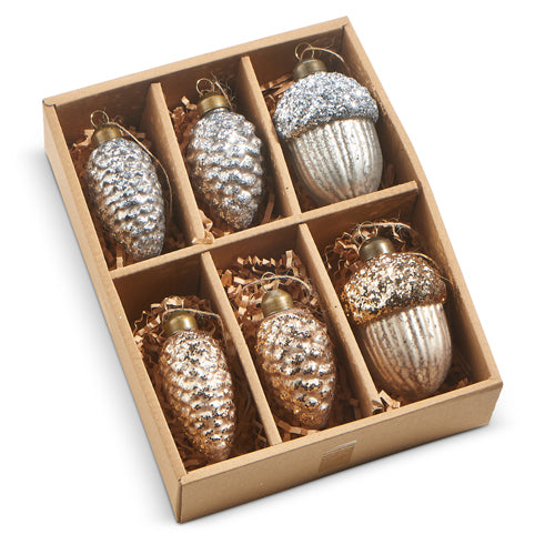 Natural Noel Glittered Mercury Glass Pinecone/Acorn BOX of 6